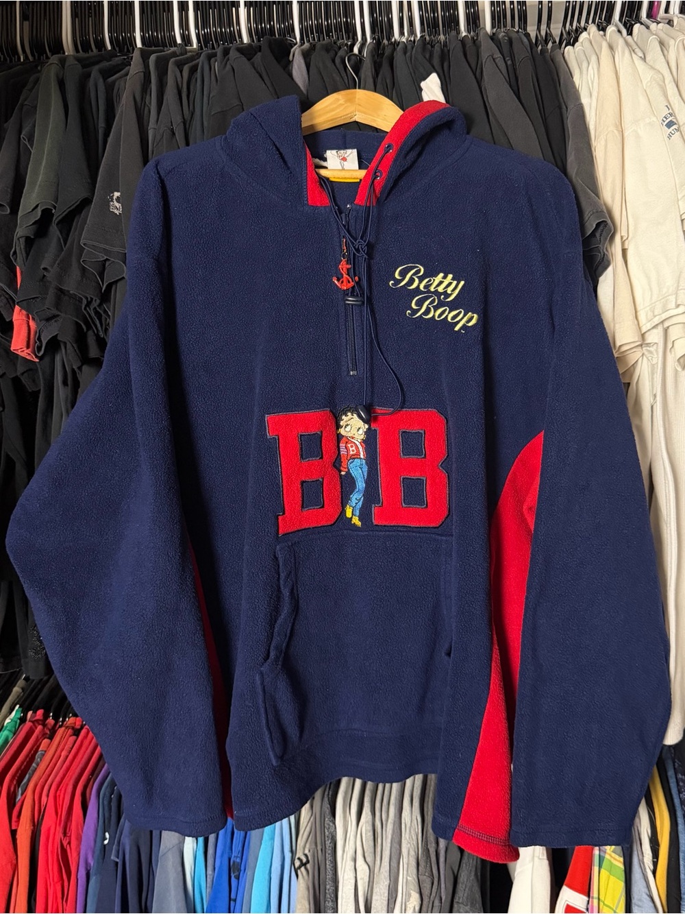 Vintage Betty Boop Fleece Hoodie Womens 3XL Blue Red Embroidered Chic Retro 90s